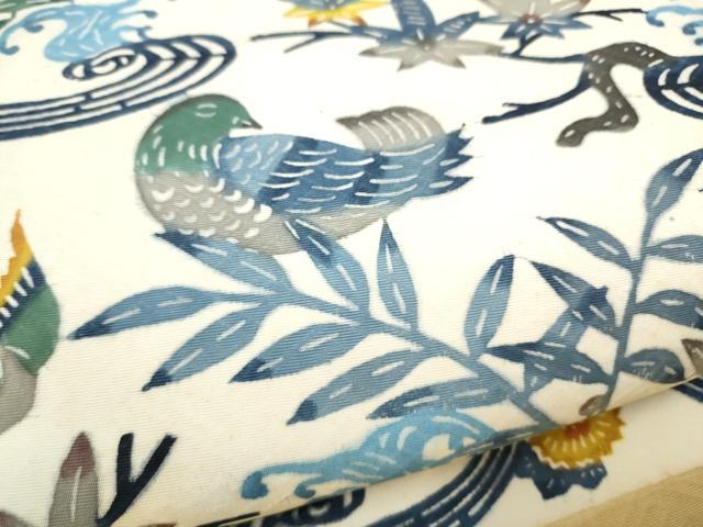 平和屋着物●九寸名古屋帯 紅型 休み鳥花文 正絹 逸品 CABL9624hy