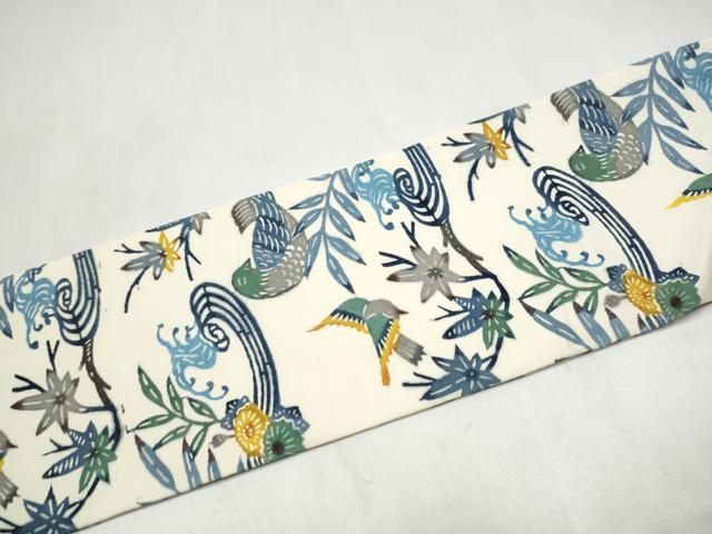 平和屋着物●九寸名古屋帯 紅型 休み鳥花文 正絹 逸品 CABL9624hy