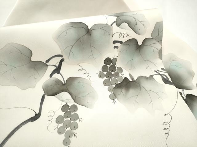 平和屋着物●塩瀬 九寸名古屋帯 作家物 手描き 葡萄蔦の葉文 正絹 逸品 CABL9625hy