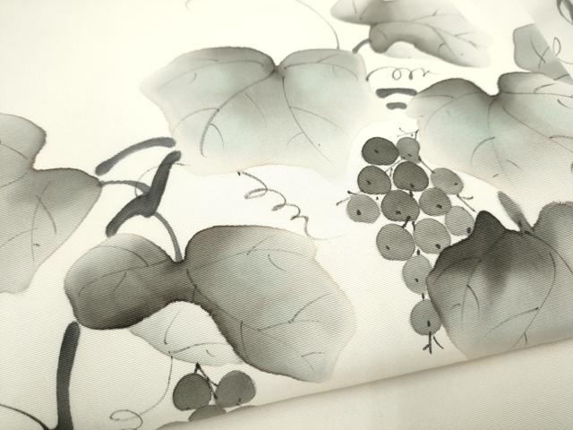 平和屋着物●塩瀬 九寸名古屋帯 作家物 手描き 葡萄蔦の葉文 正絹 逸品 CABL9625hy