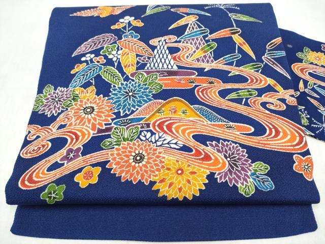 平和屋着物●九寸名古屋帯 型染め 遠山流水草花文 鬼しぼ縮緬 正絹 逸品 CABL9631hy