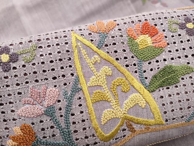 平和屋着物●中国三大刺繍 スワトウ相良刺繍 総刺繍 九寸名古屋帯 紬地 枝花文 正絹 逸品 CABL9638hy