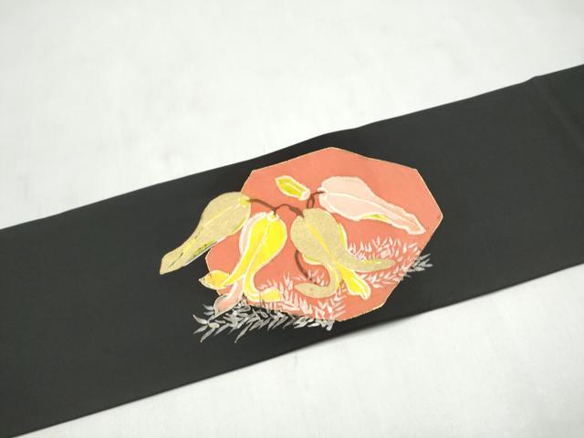 平和屋着物●九寸名古屋帯 作家物 手描き 枝花文 黒地 金彩 正絹 逸品 CABL9642hy
