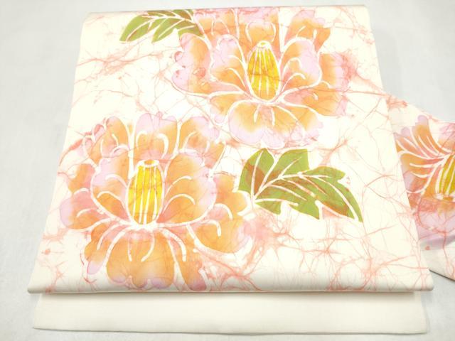平和屋着物●塩瀬 九寸名古屋帯 ろうけつ染 草花文 正絹 逸品 CABL9643hy