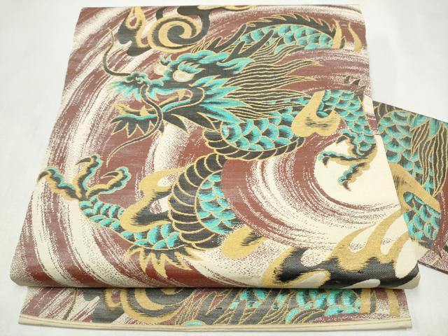 平和屋着物●アンティーク 大正ロマン 九寸名古屋帯 龍 金糸 正絹 逸品 CABL9646hy