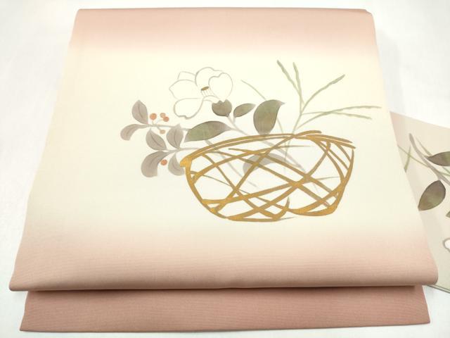 平和屋着物●塩瀬 九寸名古屋帯 手描き 花籠文 金彩 正絹 逸品 CABL9653hy