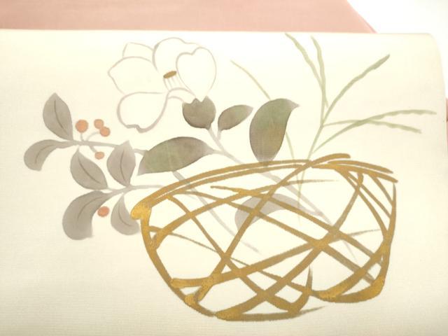 平和屋着物●塩瀬 九寸名古屋帯 手描き 花籠文 金彩 正絹 逸品 CABL9653hy