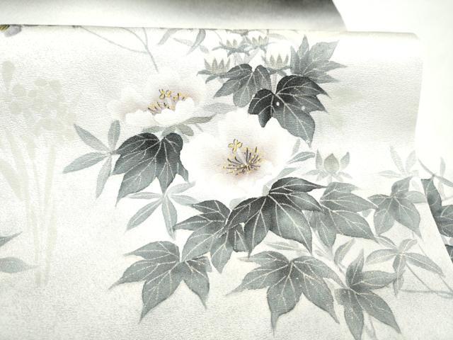 平和屋着物●九寸名古屋帯 手描き 草花文 金彩 銀通し地 正絹 逸品 CABL9655hy