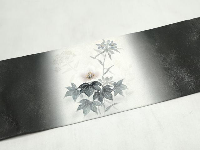 平和屋着物●九寸名古屋帯 手描き 草花文 金彩 銀通し地 正絹 逸品 CABL9655hy