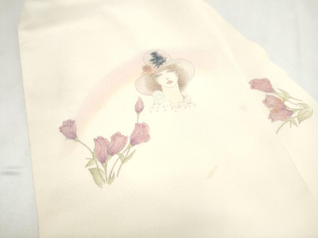 平和屋着物●現代の憂氣世絵師 米倉斉加年 九寸名古屋帯 手描き 人物草花文 鬼しぼ縮緬 正絹 逸品 CABL9656hy