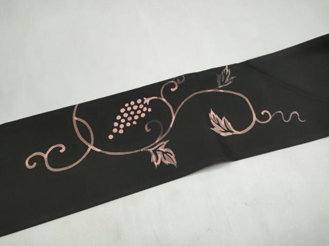 平和屋着物●九寸名古屋帯 ろうけつ染 葡萄蔦の葉文 黒地 正絹 逸品 CABL9657hy