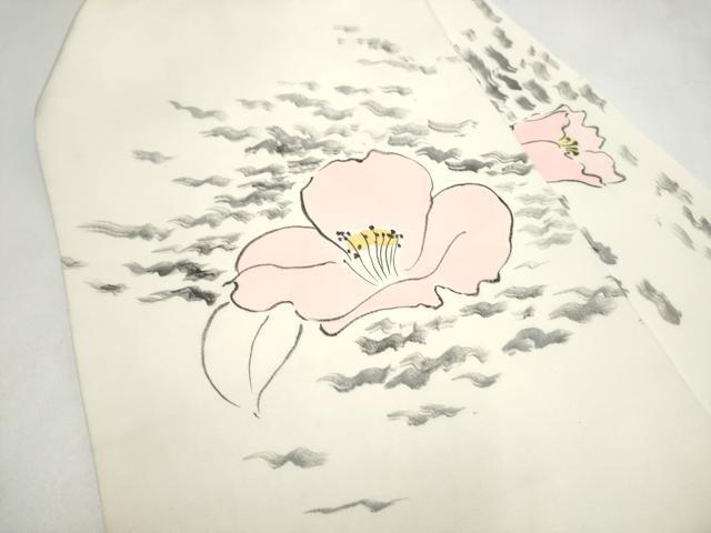 平和屋着物●塩瀬 九寸名古屋帯 手描き 椿 正絹 逸品 CABL9672hy