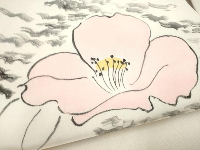 平和屋着物●塩瀬 九寸名古屋帯 手描き 椿 正絹 逸品 CABL9672hy