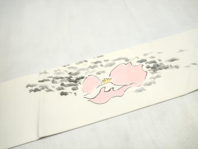 平和屋着物●塩瀬 九寸名古屋帯 手描き 椿 正絹 逸品 CABL9672hy