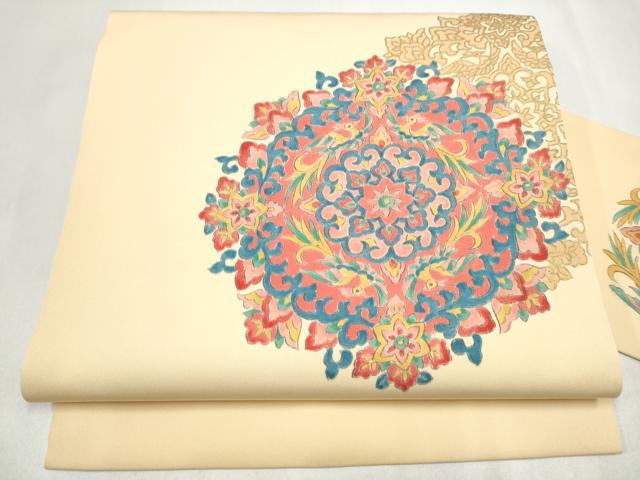 平和屋着物●塩瀬 九寸名古屋帯 手描き 向かい鳥花文 金彩 正絹 逸品 CABL9673hy