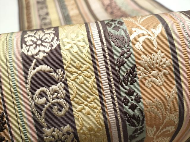 平和屋着物●伝統工芸士 岩瀬安正作 本場筑前博多織 八寸名古屋帯 木附子染 瑞峰間道 福冓絖織物謹製 証紙付き 正絹 逸品 CABL9675hy