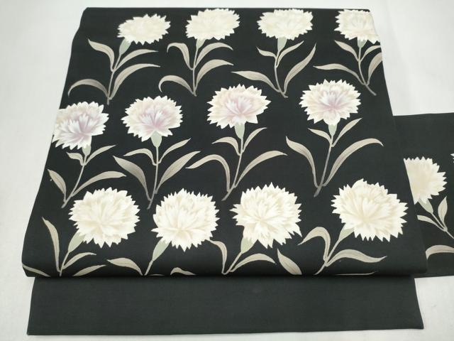 平和屋着物●塩瀬 九寸名古屋帯 ろうけつ染 枝花文 黒地 正絹 逸品 CABL9677hy
