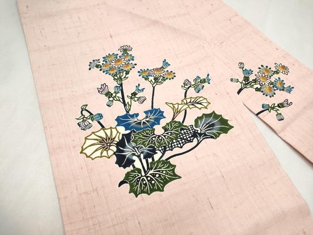 平和屋着物●本場琉球紅型 九寸名古屋帯 紬地 草花文 正絹 逸品 CABL9680hy