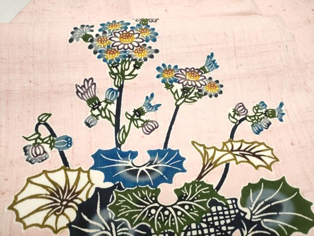 平和屋着物●本場琉球紅型 九寸名古屋帯 紬地 草花文 正絹 逸品 CABL9680hy