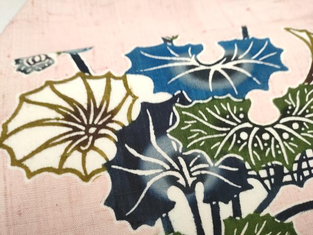 平和屋着物●本場琉球紅型 九寸名古屋帯 紬地 草花文 正絹 逸品 CABL9680hy