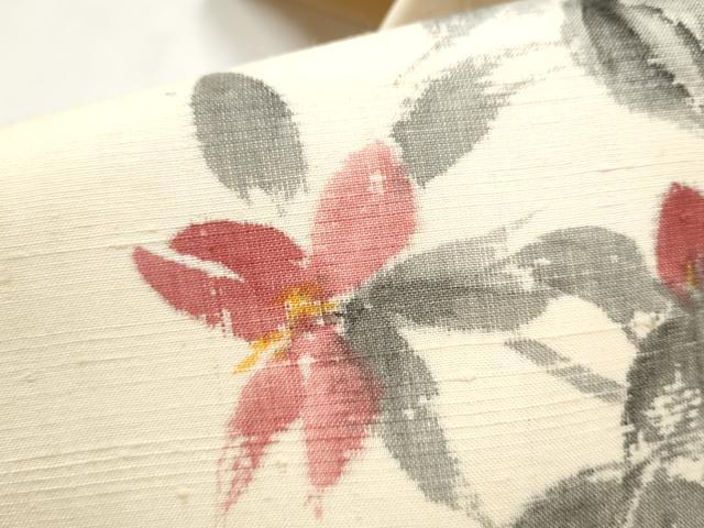 平和屋着物●九寸名古屋帯 手描き 紬地 枝花文 正絹 逸品 CABL9688hy