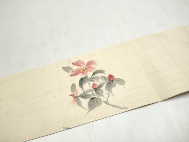 平和屋着物●九寸名古屋帯 手描き 紬地 枝花文 正絹 逸品 CABL9688hy