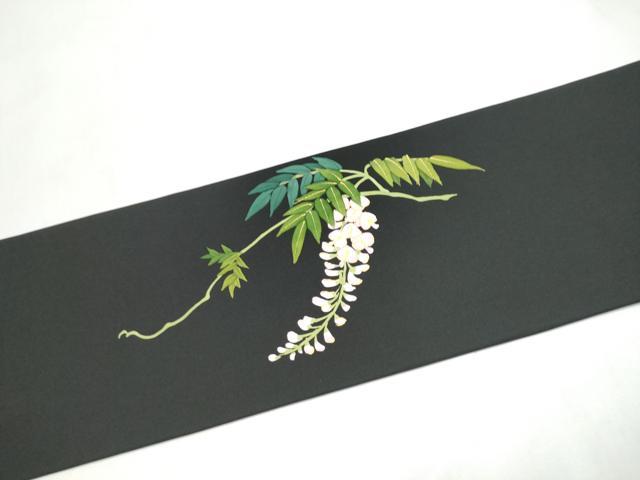 平和屋着物●塩瀬 九寸名古屋帯 藤花房 黒地 金彩 正絹 逸品 CABL9694hy