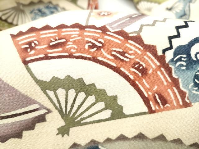 平和屋着物●九寸名古屋帯 紬地 型染め 扇面吉祥花文 正絹 逸品 CABL9699hy