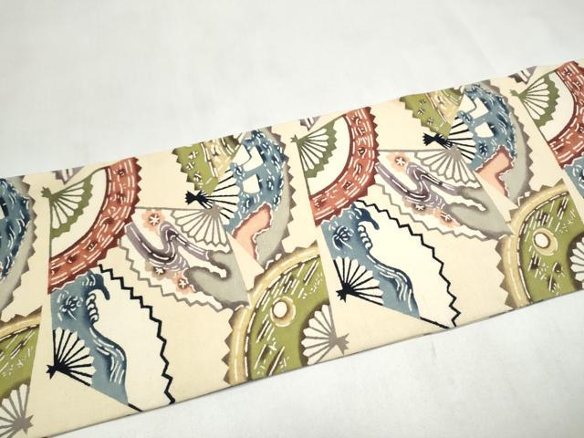 平和屋着物●九寸名古屋帯 紬地 型染め 扇面吉祥花文 正絹 逸品 CABL9699hy