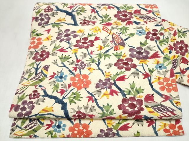 平和屋着物●全通柄 九寸名古屋帯 型染め 花鳥文 正絹 逸品 CABL9701hy