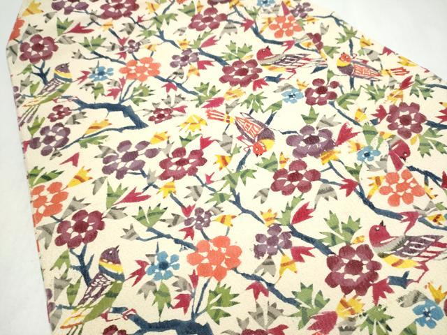 平和屋着物●全通柄 九寸名古屋帯 型染め 花鳥文 正絹 逸品 CABL9701hy