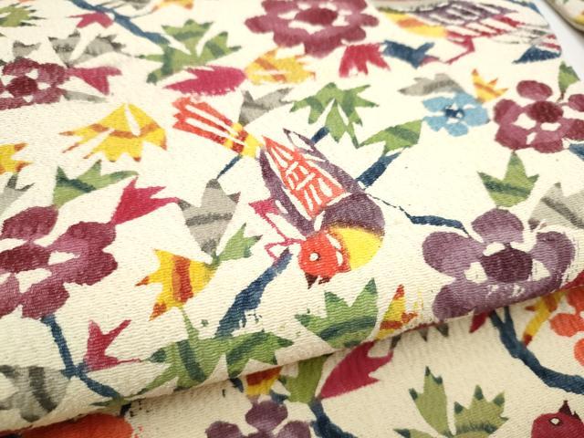 平和屋着物●全通柄 九寸名古屋帯 型染め 花鳥文 正絹 逸品 CABL9701hy