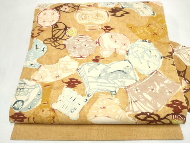 平和屋着物●全通柄 九寸名古屋帯 紬地 型染め 陶器文 正絹 逸品 CABL9705hy