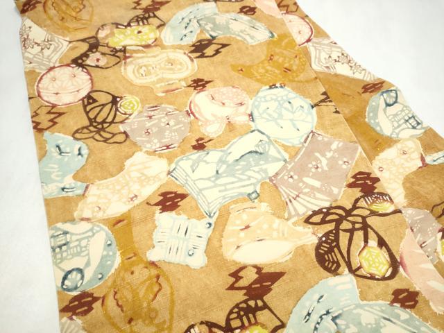 平和屋着物●全通柄 九寸名古屋帯 紬地 型染め 陶器文 正絹 逸品 CABL9705hy