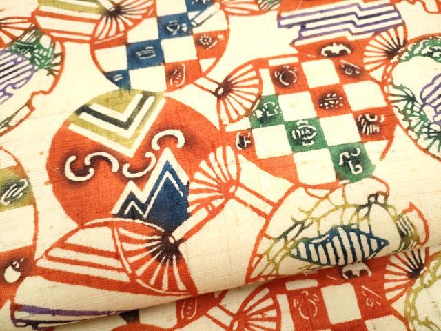 平和屋着物●全通柄 九寸名古屋帯 紬地 型染め 団扇 幾何学文様 正絹 逸品 CABL9706hy