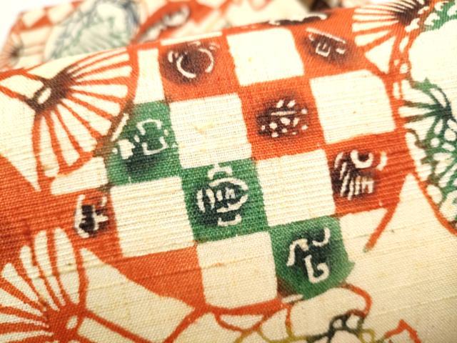 平和屋着物●全通柄 九寸名古屋帯 紬地 型染め 団扇 幾何学文様 正絹 逸品 CABL9706hy