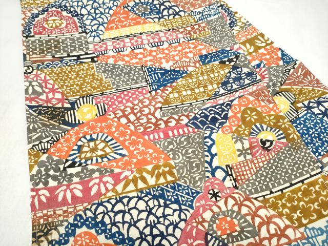 平和屋着物●九寸名古屋帯 紬地 型染め 草花文 正絹 逸品 CABL9709hy