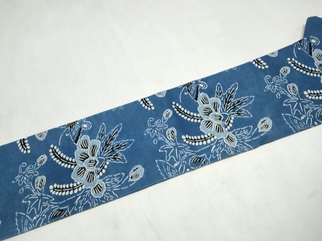平和屋着物●九寸名古屋帯 紬地 藍 型染め 花蝶文 正絹 逸品 CABL9710hy
