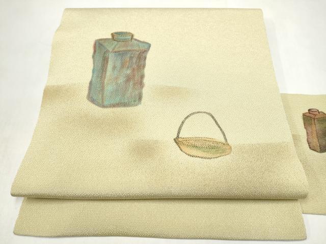 平和屋着物●九寸名古屋帯 陶器文 金彩 鬼しぼ縮緬 正絹 逸品 CABL9716hy