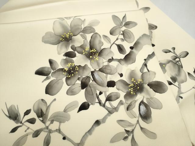 平和屋着物●塩瀬 九寸名古屋帯 作家物 手描き 枝花文 銀彩 正絹 逸品 CABL9719hy