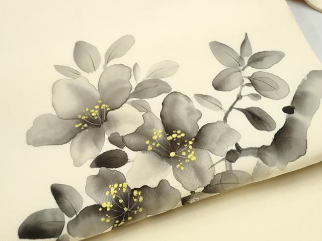 平和屋着物●塩瀬 九寸名古屋帯 作家物 手描き 枝花文 銀彩 正絹 逸品 CABL9719hy