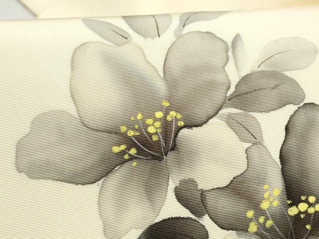 平和屋着物●塩瀬 九寸名古屋帯 作家物 手描き 枝花文 銀彩 正絹 逸品 CABL9719hy