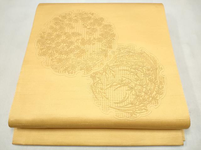 平和屋着物●中国三大刺繍 スワトウ相良刺繍 総刺繍 太鼓柄袋帯 雪輪草花文 蜂蜜色 正絹 逸品 未使用 CABL9740hy