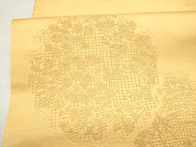 平和屋着物●中国三大刺繍 スワトウ相良刺繍 総刺繍 太鼓柄袋帯 雪輪草花文 蜂蜜色 正絹 逸品 未使用 CABL9740hy