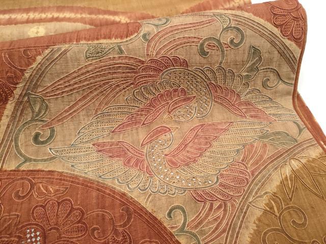 平和屋着物●中国三大刺繍 スワトウ相良刺繍 総刺繍 太鼓柄袋帯 紬地 向かい鳥花文 正絹 逸品 CABL9757hy