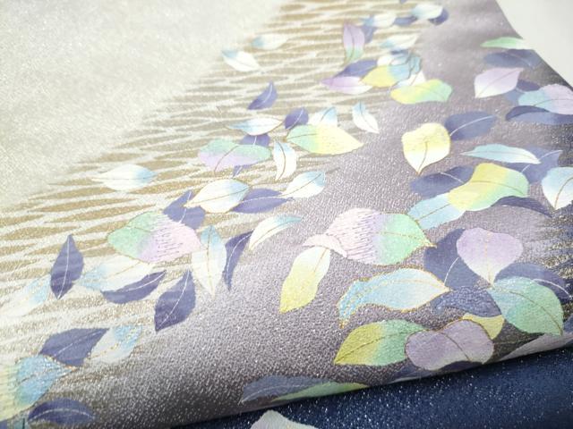 平和屋着物●太鼓柄袋帯 刺繍 舞葉文 金彩 銀通し地 正絹 逸品 CABL9768hy