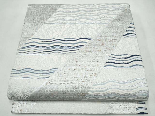 平和屋着物●六通柄袋帯 ぜんまい紬織 藍染苑 よろけ縞 銀糸 正絹 逸品 CABL9781hy