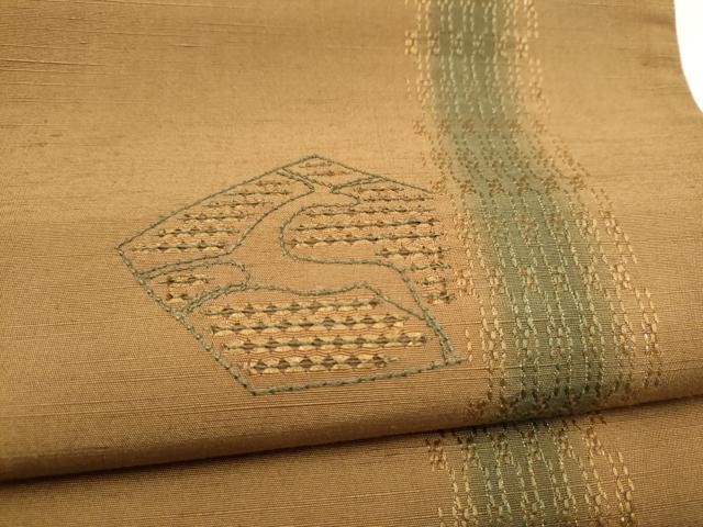 平和屋着物●太鼓柄袋帯 紬地 刺繍 幾何学文様 金糸 正絹 逸品 CABL9887hy
