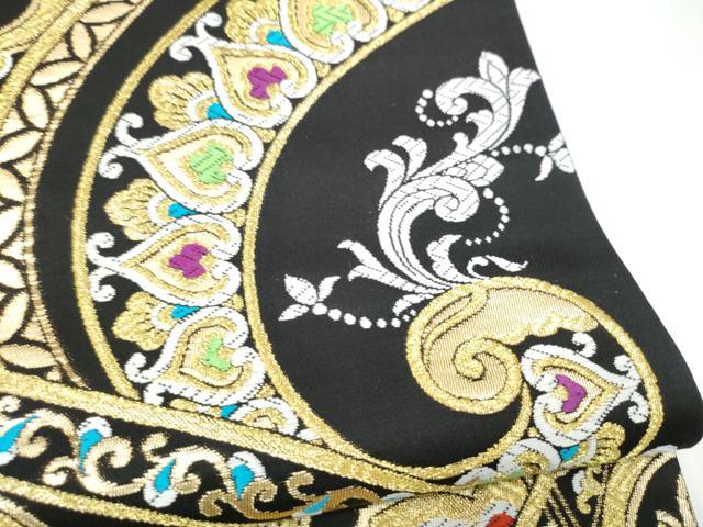 平和屋着物●西陣 沢本織物謹製 六通柄袋帯 更紗花唐草文 黒地 金糸 証紙付き 正絹 逸品 CABL9897hy