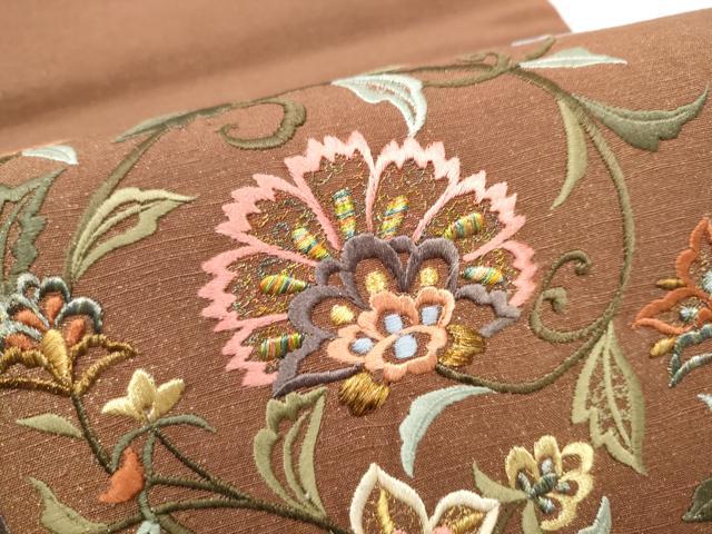 平和屋着物●太鼓柄袋帯 総刺繍 結城紬 更紗花唐草文 金彩 証紙付き 正絹 逸品 CABL9928hy